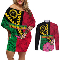 Vanuatu Flag Hibiscus Polynesian Pattern Couples Matching Off Shoulder Short Dress and Long Sleeve Button Shirt