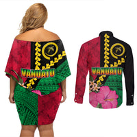 Vanuatu Flag Hibiscus Polynesian Pattern Couples Matching Off Shoulder Short Dress and Long Sleeve Button Shirt