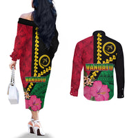 Vanuatu Flag Hibiscus Polynesian Pattern Couples Matching Off The Shoulder Long Sleeve Dress and Long Sleeve Button Shirt