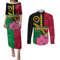 Vanuatu Flag Hibiscus Polynesian Pattern Couples Matching Puletasi and Long Sleeve Button Shirt