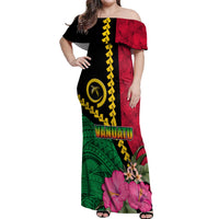 Vanuatu Flag Hibiscus Polynesian Pattern Off Shoulder Maxi Dress