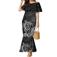 Hawaii Monk Seal and Dolphin Family Matching Mermaid Dress and Hawaiian Shirt Polynesian Kakau Pattern Black White Color LT03 Mom's Dress Black - Polynesian Pride