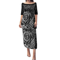 Hawaii Monk Seal and Dolphin Family Matching Puletasi and Hawaiian Shirt Polynesian Kakau Pattern Black White Color