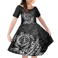 Hawaii Monk Seal and Dolphin Family Matching Short Sleeve Bodycon Dress and Hawaiian Shirt Polynesian Kakau Pattern Black White Color LT03 Daughter's Dress Black - Polynesian Pride