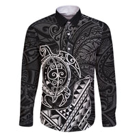 Hawaii Monk Seal and Dolphin Family Matching Short Sleeve Bodycon Dress and Hawaiian Shirt Polynesian Kakau Pattern Black White Color LT03 Dad's Shirt - Long Sleeve Black - Polynesian Pride