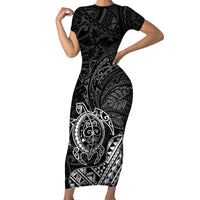 Hawaii Monk Seal and Dolphin Family Matching Short Sleeve Bodycon Dress and Hawaiian Shirt Polynesian Kakau Pattern Black White Color LT03 Mom's Dress Black - Polynesian Pride