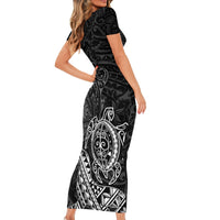 Hawaii Monk Seal and Dolphin Family Matching Short Sleeve Bodycon Dress and Hawaiian Shirt Polynesian Kakau Pattern Black White Color LT03 - Polynesian Pride