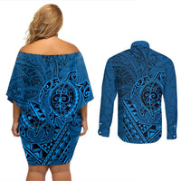 Hawaii Monk Seal and Dolphin Couples Matching Off Shoulder Short Dress and Long Sleeve Button Shirt Polynesian Kakau Pattern Blue LT03 - Polynesian Pride