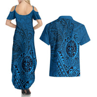 Hawaii Monk Seal and Dolphin Couples Matching Summer Maxi Dress and Hawaiian Shirt Polynesian Kakau Pattern Blue LT03 - Polynesian Pride