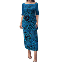 Hawaii Monk Seal and Dolphin Puletasi Polynesian Kakau Pattern Blue LT03 Long Dress Blue - Polynesian Pride
