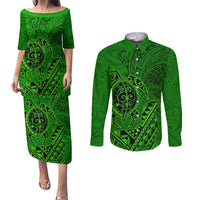 Hawaii Monk Seal and Dolphin Couples Matching Puletasi and Long Sleeve Button Shirt Polynesian Kakau Pattern Green LT03 Green - Polynesian Pride