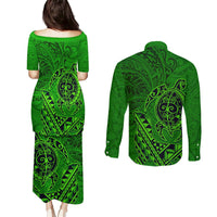 Hawaii Monk Seal and Dolphin Couples Matching Puletasi and Long Sleeve Button Shirt Polynesian Kakau Pattern Green LT03 - Polynesian Pride