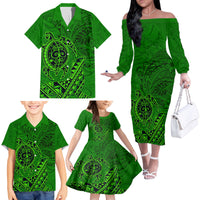 Hawaii Monk Seal and Dolphin Family Matching Off The Shoulder Long Sleeve Dress and Hawaiian Shirt Polynesian Kakau Pattern Green LT03 - Polynesian Pride