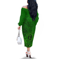 Hawaii Monk Seal and Dolphin Family Matching Off The Shoulder Long Sleeve Dress and Hawaiian Shirt Polynesian Kakau Pattern Green LT03 - Polynesian Pride