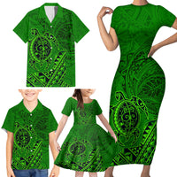 Hawaii Monk Seal and Dolphin Family Matching Short Sleeve Bodycon Dress and Hawaiian Shirt Polynesian Kakau Pattern Green LT03 - Polynesian Pride