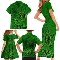 Hawaii Monk Seal and Dolphin Family Matching Short Sleeve Bodycon Dress and Hawaiian Shirt Polynesian Kakau Pattern Green LT03 - Polynesian Pride