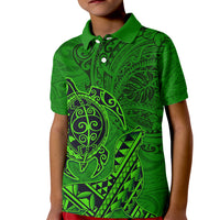 Hawaii Monk Seal and Dolphin Kid Polo Shirt Polynesian Kakau Pattern Green