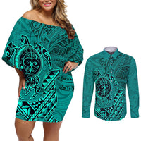Hawaii Monk Seal and Dolphin Couples Matching Off Shoulder Short Dress and Long Sleeve Button Shirt Polynesian Kakau Pattern Turquoise LT03 Turquoise - Polynesian Pride