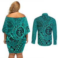 Hawaii Monk Seal and Dolphin Couples Matching Off Shoulder Short Dress and Long Sleeve Button Shirt Polynesian Kakau Pattern Turquoise LT03 - Polynesian Pride
