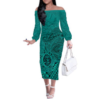 Hawaii Monk Seal and Dolphin Family Matching Off The Shoulder Long Sleeve Dress and Hawaiian Shirt Polynesian Kakau Pattern Turquoise LT03 Mom's Dress Turquoise - Polynesian Pride