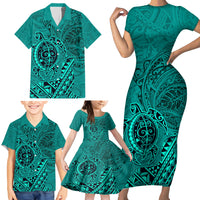 Hawaii Monk Seal and Dolphin Family Matching Short Sleeve Bodycon Dress and Hawaiian Shirt Polynesian Kakau Pattern Turquoise LT03 - Polynesian Pride