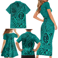 Hawaii Monk Seal and Dolphin Family Matching Short Sleeve Bodycon Dress and Hawaiian Shirt Polynesian Kakau Pattern Turquoise LT03 - Polynesian Pride