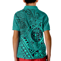 Hawaii Monk Seal and Dolphin Kid Polo Shirt Polynesian Kakau Pattern Turquoise