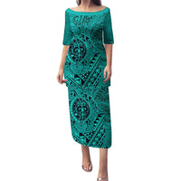 Hawaii Monk Seal and Dolphin Puletasi Polynesian Kakau Pattern Turquoise LT03 Long Dress Turquoise - Polynesian Pride