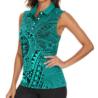 Hawaii Monk Seal and Dolphin Women Sleeveless Polo Shirt Polynesian Kakau Pattern Turquoise