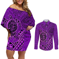 Hawaii Monk Seal and Dolphin Couples Matching Off Shoulder Short Dress and Long Sleeve Button Shirt Polynesian Kakau Pattern Purple LT03 Purple - Polynesian Pride