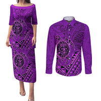 Hawaii Monk Seal and Dolphin Couples Matching Puletasi and Long Sleeve Button Shirt Polynesian Kakau Pattern Purple LT03 Purple - Polynesian Pride