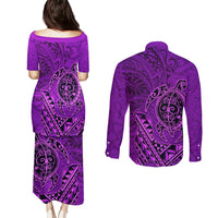 Hawaii Monk Seal and Dolphin Couples Matching Puletasi and Long Sleeve Button Shirt Polynesian Kakau Pattern Purple LT03 - Polynesian Pride