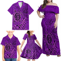 Hawaii Monk Seal and Dolphin Family Matching Off Shoulder Maxi Dress and Hawaiian Shirt Polynesian Kakau Pattern Purple