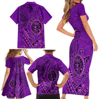 Hawaii Monk Seal and Dolphin Family Matching Short Sleeve Bodycon Dress and Hawaiian Shirt Polynesian Kakau Pattern Purple LT03 - Polynesian Pride