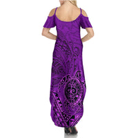 Hawaii Monk Seal and Dolphin Family Matching Summer Maxi Dress and Hawaiian Shirt Polynesian Kakau Pattern Purple