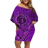 Hawaii Monk Seal and Dolphin Off Shoulder Short Dress Polynesian Kakau Pattern Purple LT03 Women Purple - Polynesian Pride