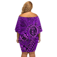 Hawaii Monk Seal and Dolphin Off Shoulder Short Dress Polynesian Kakau Pattern Purple LT03 - Polynesian Pride