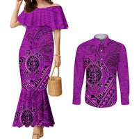 Hawaii Monk Seal and Dolphin Couples Matching Mermaid Dress and Long Sleeve Button Shirt Polynesian Kakau Pattern Pink