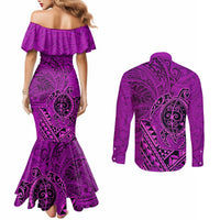 Hawaii Monk Seal and Dolphin Couples Matching Mermaid Dress and Long Sleeve Button Shirt Polynesian Kakau Pattern Pink LT03 - Polynesian Pride