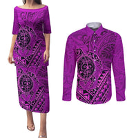 Hawaii Monk Seal and Dolphin Couples Matching Puletasi and Long Sleeve Button Shirt Polynesian Kakau Pattern Pink LT03 Pink - Polynesian Pride