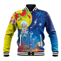 Palau Baseball Jacket Jellyfish with Coral Reefs Ocean Vibe and Tapa Pattern LT03 Unisex Blue - Polynesian Pride