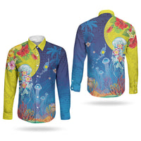 Palau Couples Matching Long Sleeve Bodycon Dress and Long Sleeve Button Shirt Jellyfish with Coral Reefs Ocean Vibe and Tapa Pattern LT03 - Polynesian Pride