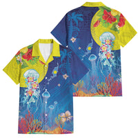 Palau Family Matching Long Sleeve Bodycon Dress and Hawaiian Shirt Jellyfish with Coral Reefs Ocean Vibe and Tapa Pattern LT03 Dad's Shirt - Short Sleeve Blue - Polynesian Pride