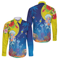 Palau Family Matching Long Sleeve Bodycon Dress and Hawaiian Shirt Jellyfish with Coral Reefs Ocean Vibe and Tapa Pattern LT03 Dad's Shirt - Long Sleeve Blue - Polynesian Pride
