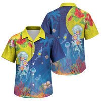 Palau Family Matching Off Shoulder Short Dress and Hawaiian Shirt Jellyfish with Coral Reefs Ocean Vibe and Tapa Pattern LT03 Son's Shirt Blue - Polynesian Pride