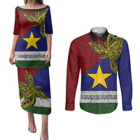 Custom Papua New Guinea Milne Bay Province Couples Matching Puletasi Dress and Long Sleeve Button Shirts PNG Birds Of Paradise Polynesian Arty Style LT03 Blue - Polynesian Pride
