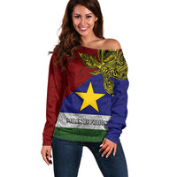 Custom Papua New Guinea Milne Bay Province Off Shoulder Sweater PNG Birds Of Paradise Polynesian Arty Style LT03 Women Blue - Polynesian Pride