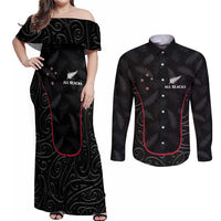 Custom New Zealand Rugby Couples Matching Off Shoulder Maxi Dress and Long Sleeve Button Shirt Maori All Black Championship 2024 and Silver Fern LT03 Black - Polynesian Pride