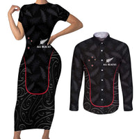 Custom New Zealand Rugby Couples Matching Short Sleeve Bodycon Dress and Long Sleeve Button Shirt Maori All Black Championship 2024 and Silver Fern LT03 Black - Polynesian Pride