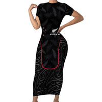 Custom New Zealand Rugby Short Sleeve Bodycon Dress Maori All Black Championship 2024 and Silver Fern LT03 Long Dress Black - Polynesian Pride